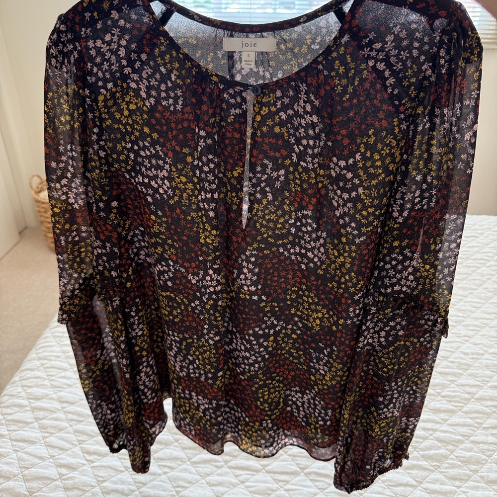 Joie Silk Boho Black Floral Long-Sleeve Peasant Blouse Size Small